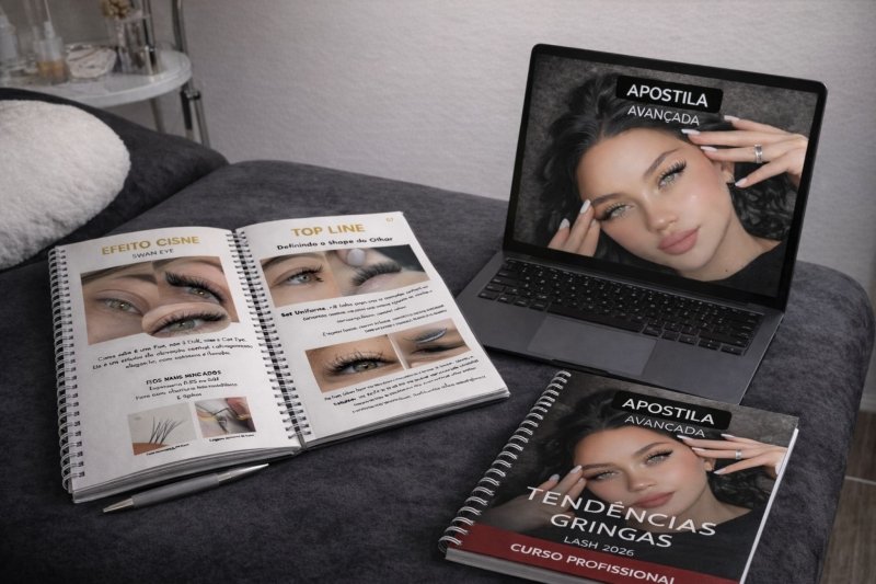 Apresentação original do kit com apostila e material digital no notebook